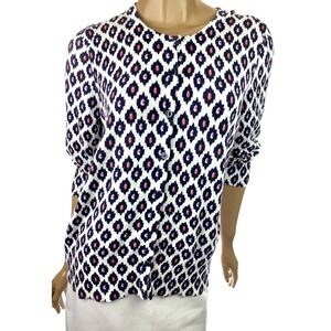 Foxcroft Cardigan Sweater Sz M 3/4 Sleeve White w/Navy & Red Design Button Front